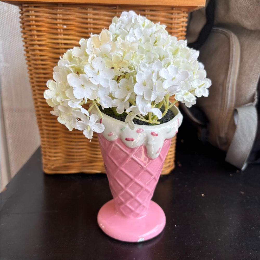 Pink ice cream cone Ceramic Vase with White Flowers